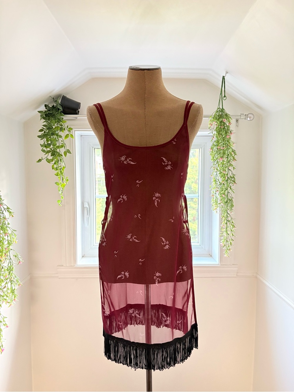Women's Burgundy Sheer Slip Dress with Fringe